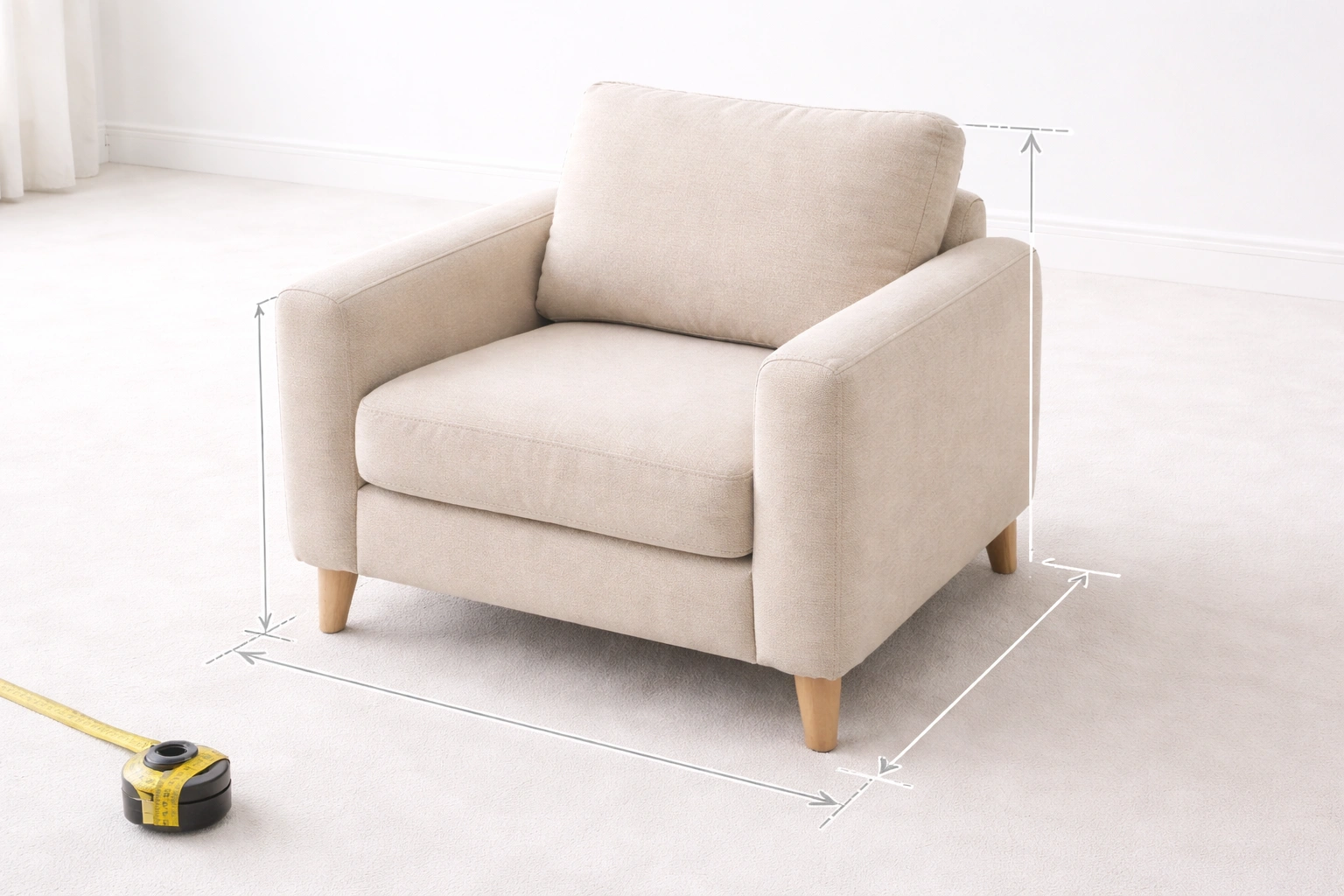 Dimension guide for 1 seater sofa showing width, depth, seat height, and back height