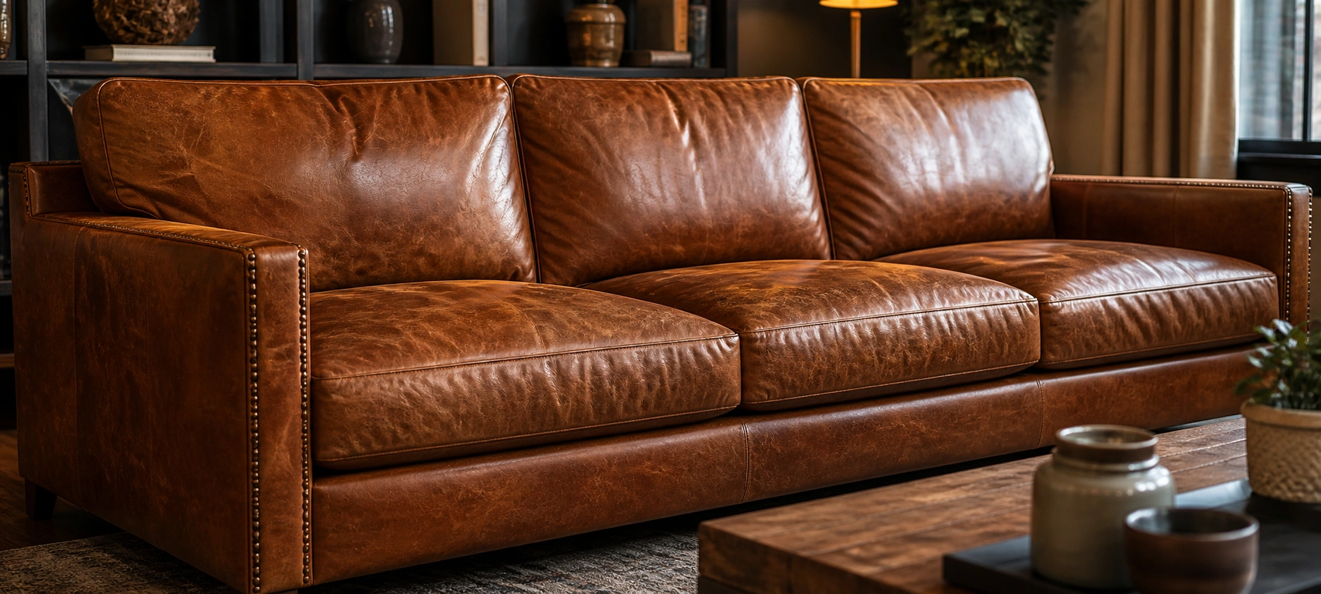 Aniline leather sofa showing natural grain and rich color absorption