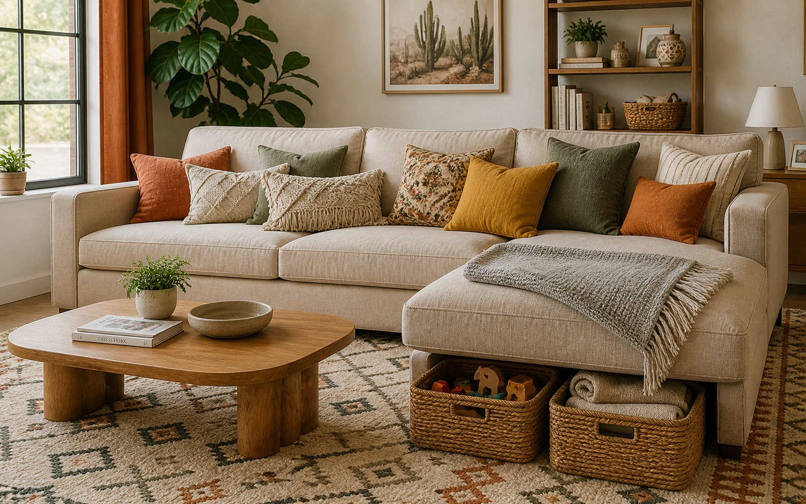 Spacious bohemian sectional sofa in a family room setting