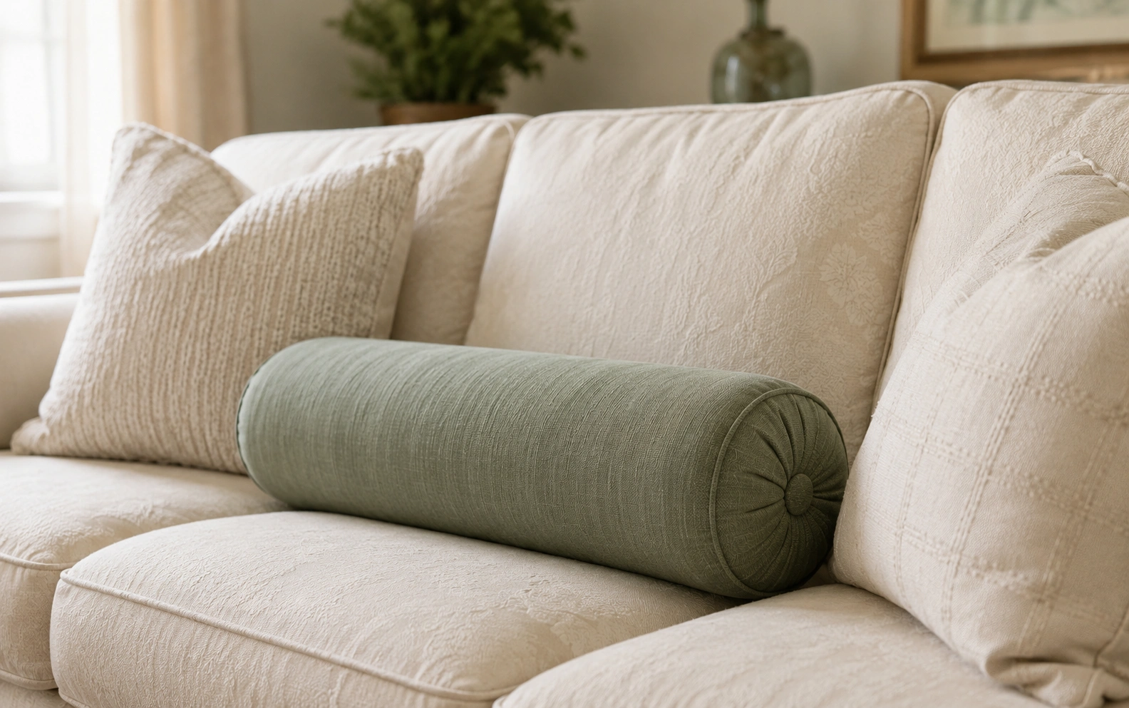 Bolster roll pillow on a contemporary sofa adding a cylindrical accent