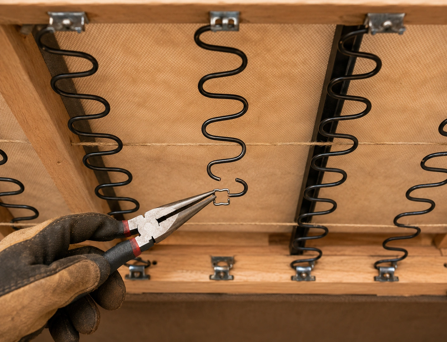 Broken sofa springs visible underneath with repair clips and pliers for fixing