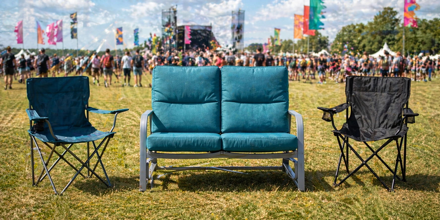 Two-person camping loveseat at a festival