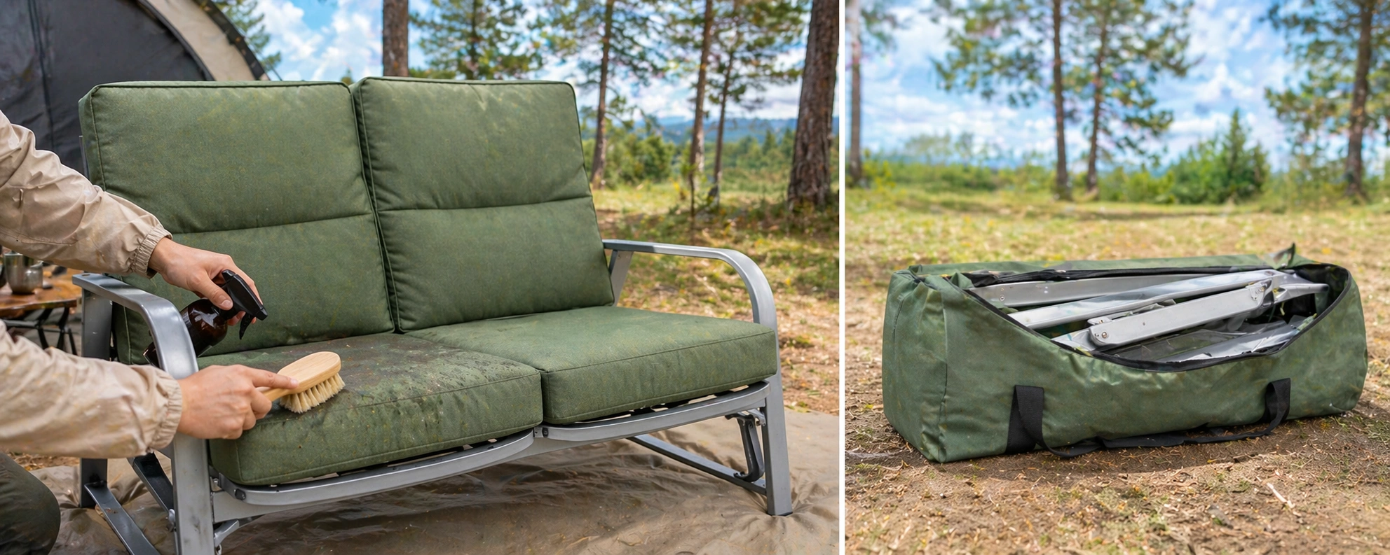 Cleaning and maintaining a camping sofa at a campsite