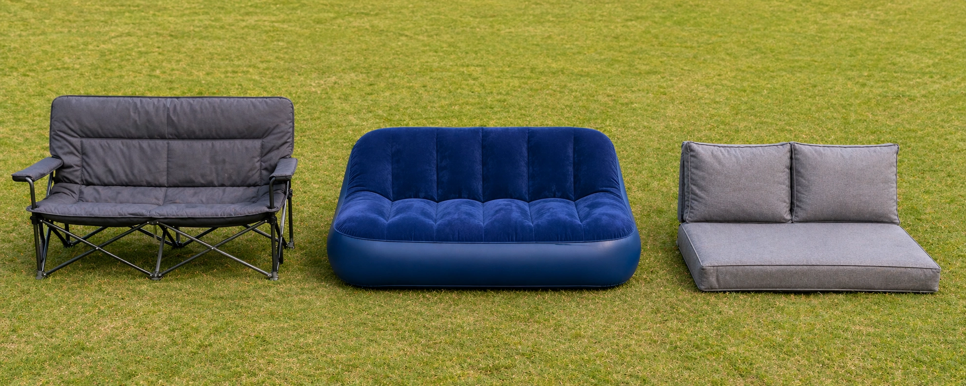 Side by side comparison of camping sofa, inflatable couch, and floor sofa