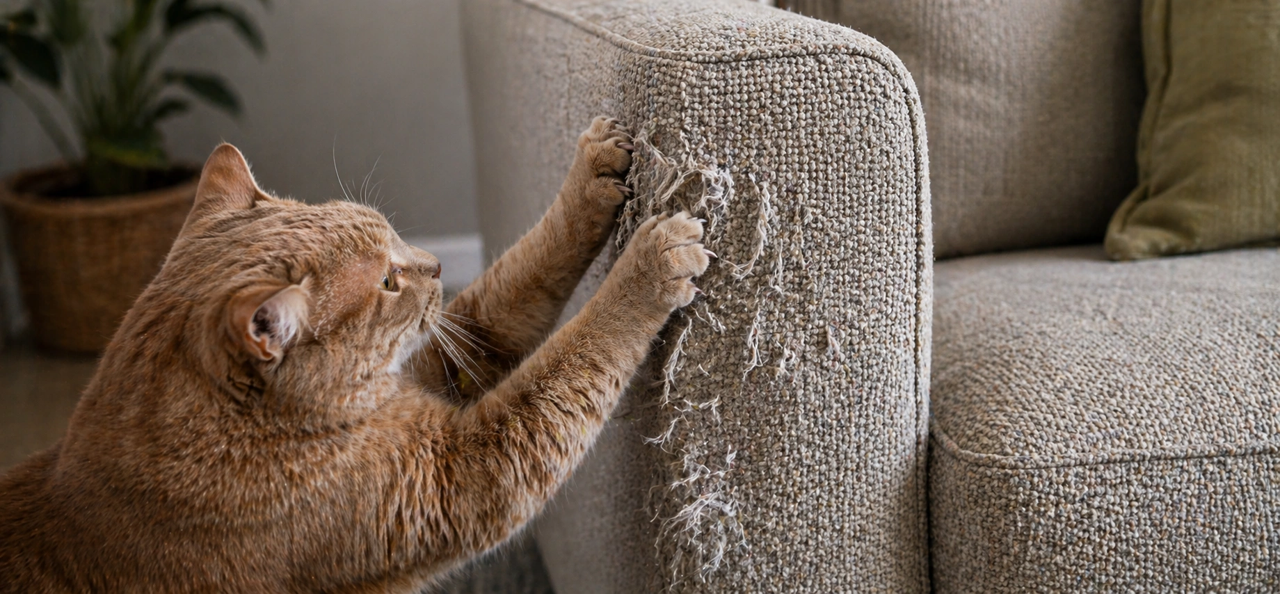 Cat scratching sofa armrest showing fabric damage on unsuitable material