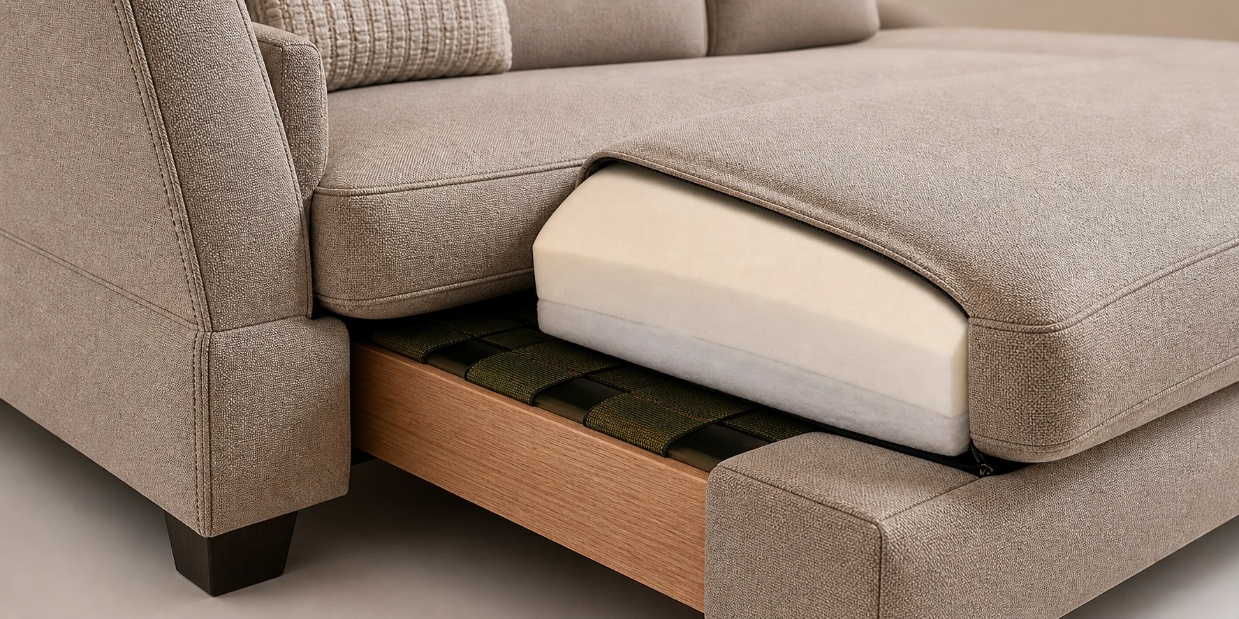 Close-up details of chaise lounge sofa frame, cushion, and upholstery