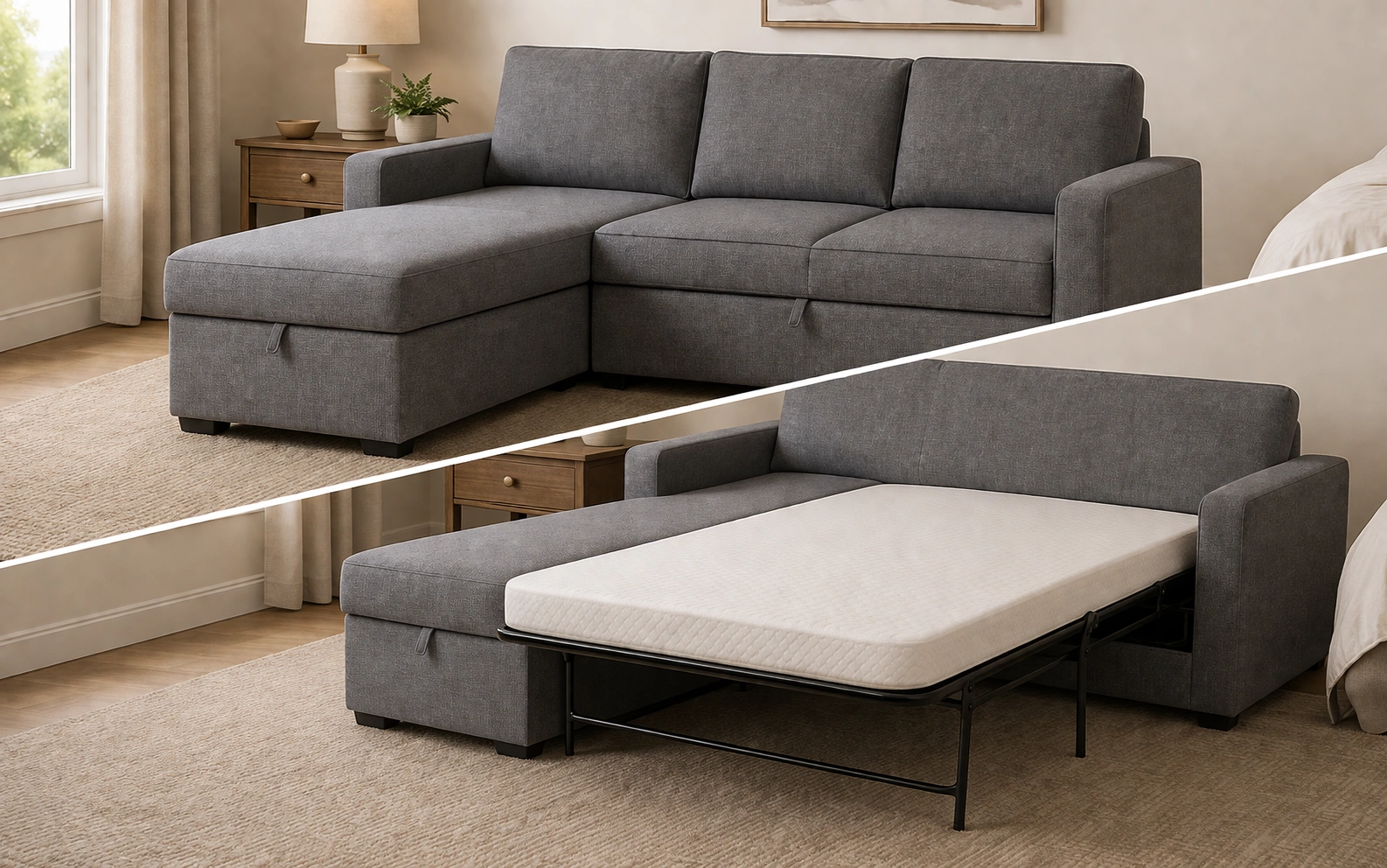 Sleeper sofa with chaise lounge for guests