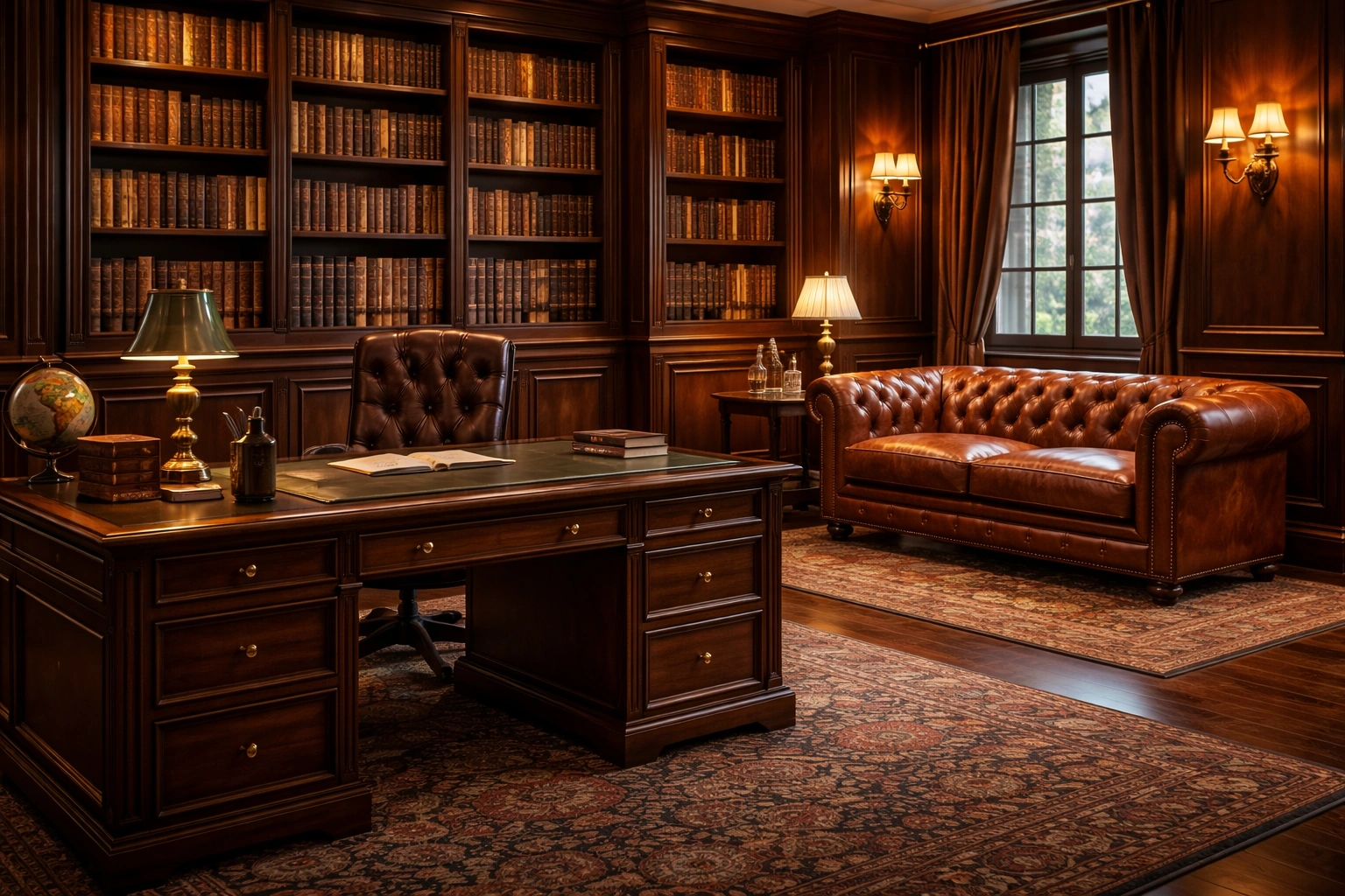 Chesterfield sofa in a home office study room with bookshelves