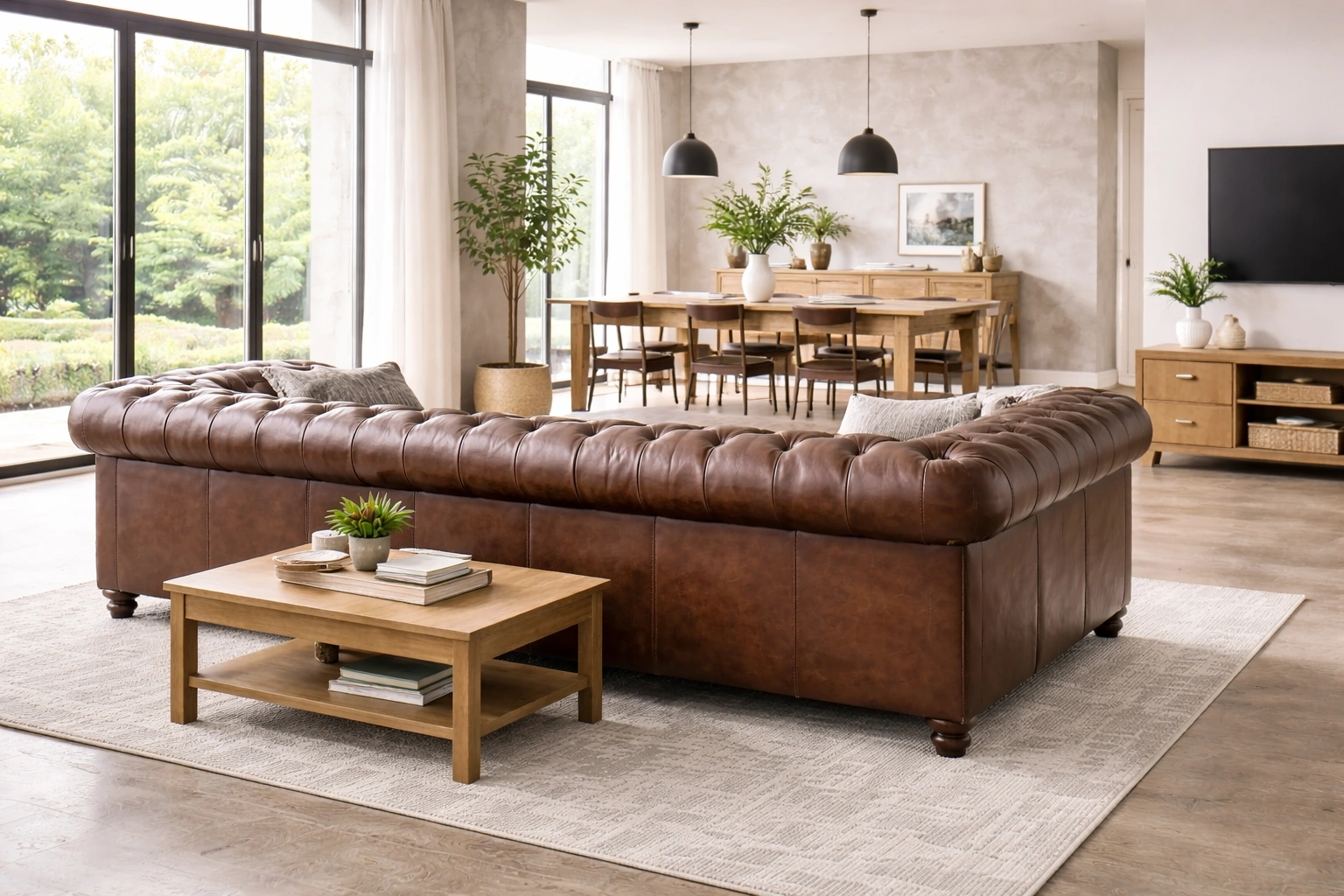 Chesterfield sofa dividing an open-plan living and dining area