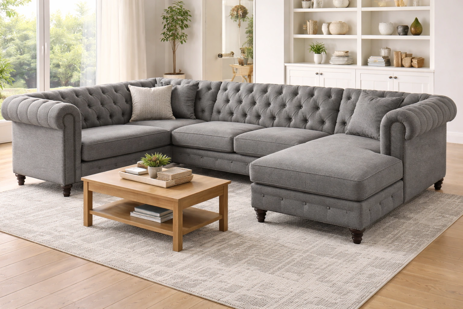 L-shaped sectional Chesterfield sofa in grey fabric