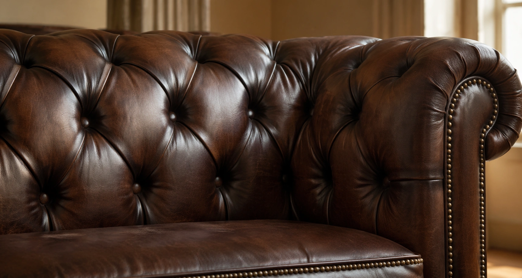 Close-up of a classic leather Chesterfield sofa showing deep button tufting detail
