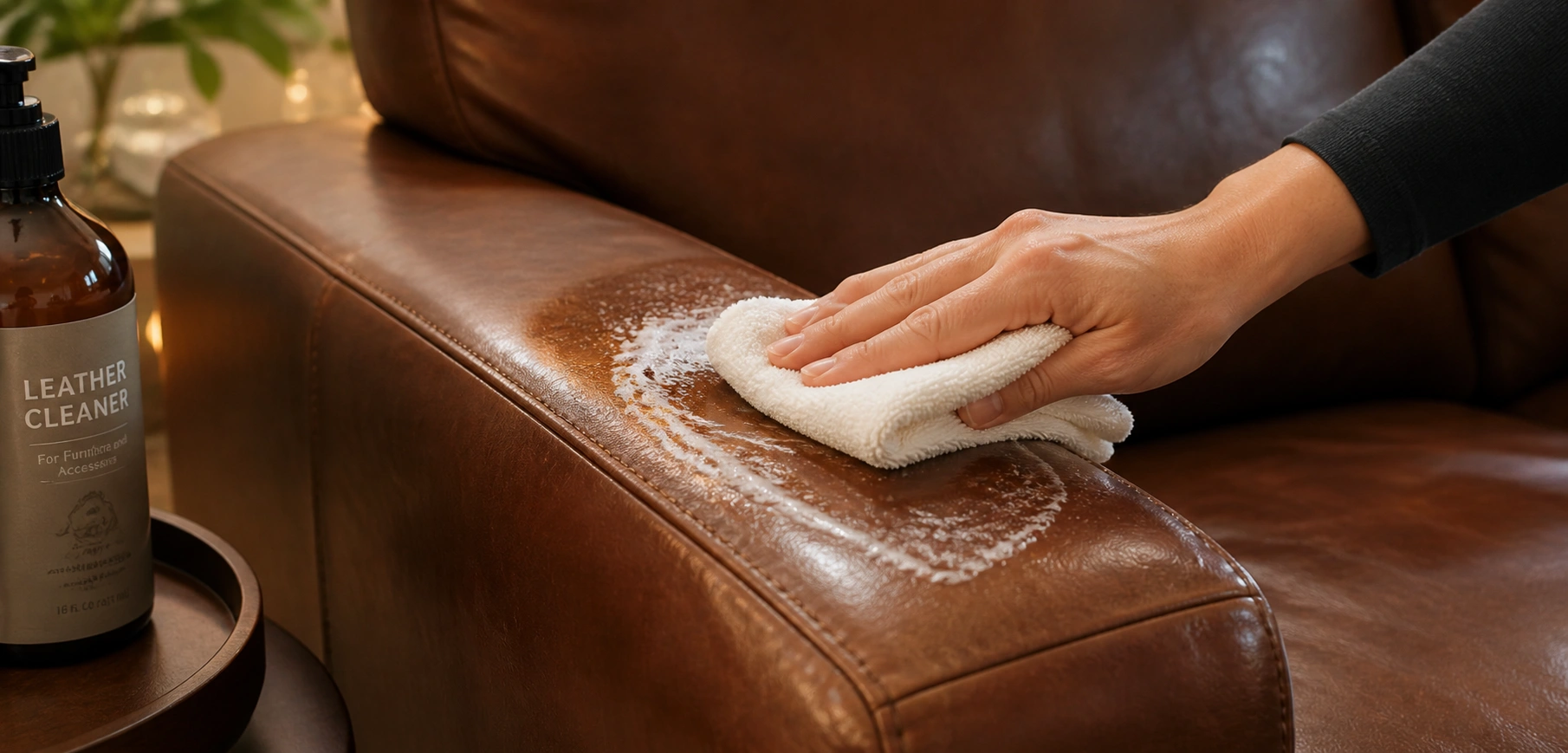 Wiping leather sofa surface with microfiber cloth and leather cleaner in circular motion