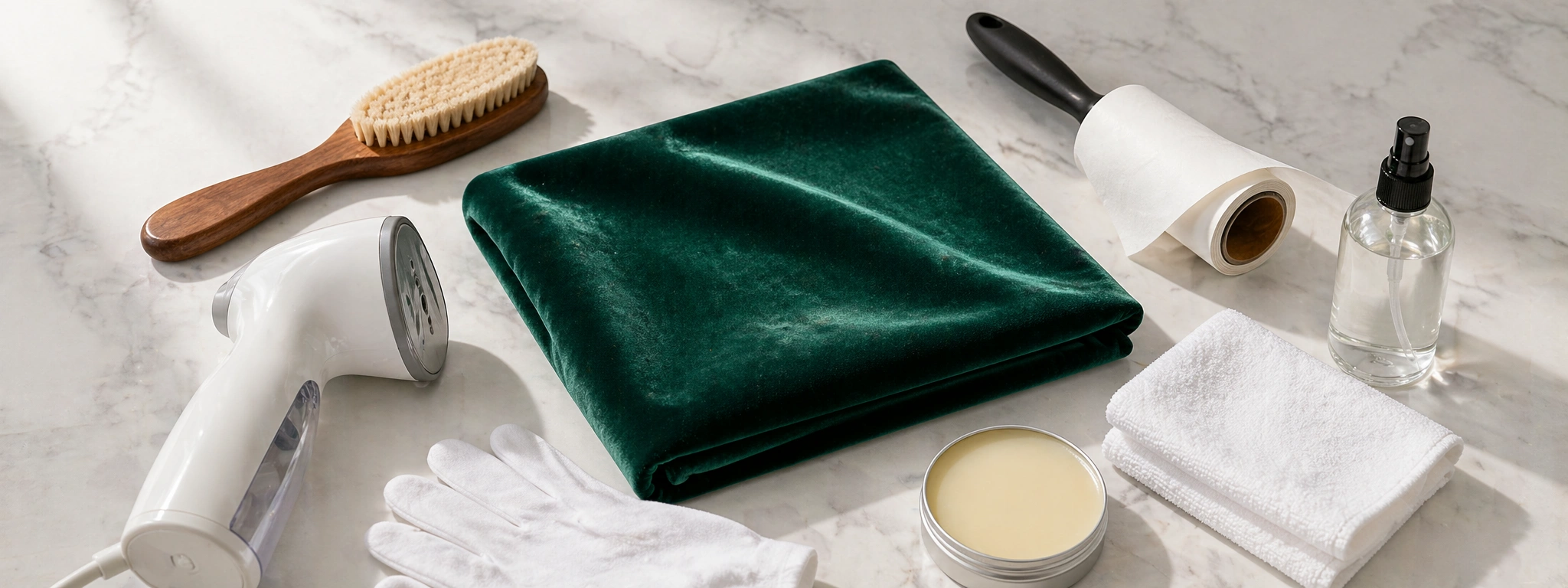 Velvet sofa cleaning tools including soft brush, lint roller and steamer