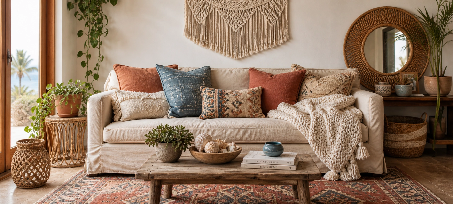 Bohemian coastal sofa with layered textiles and natural accessories
