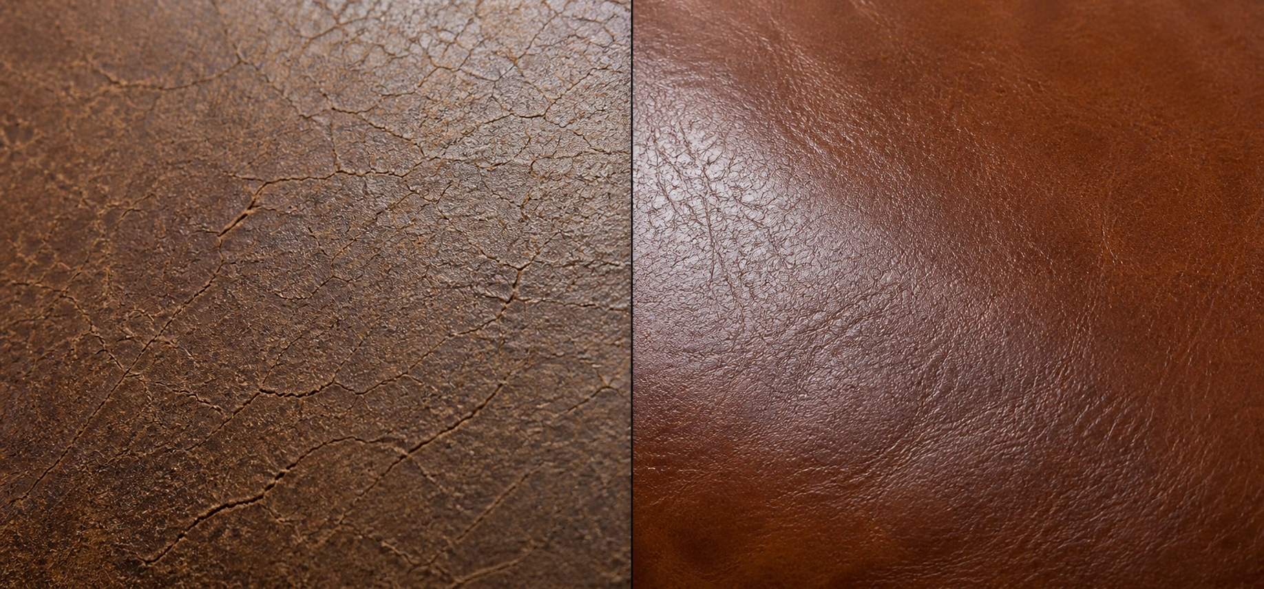 Side-by-side comparison showing dry cracked leather on the left and properly conditioned supple leather on the right