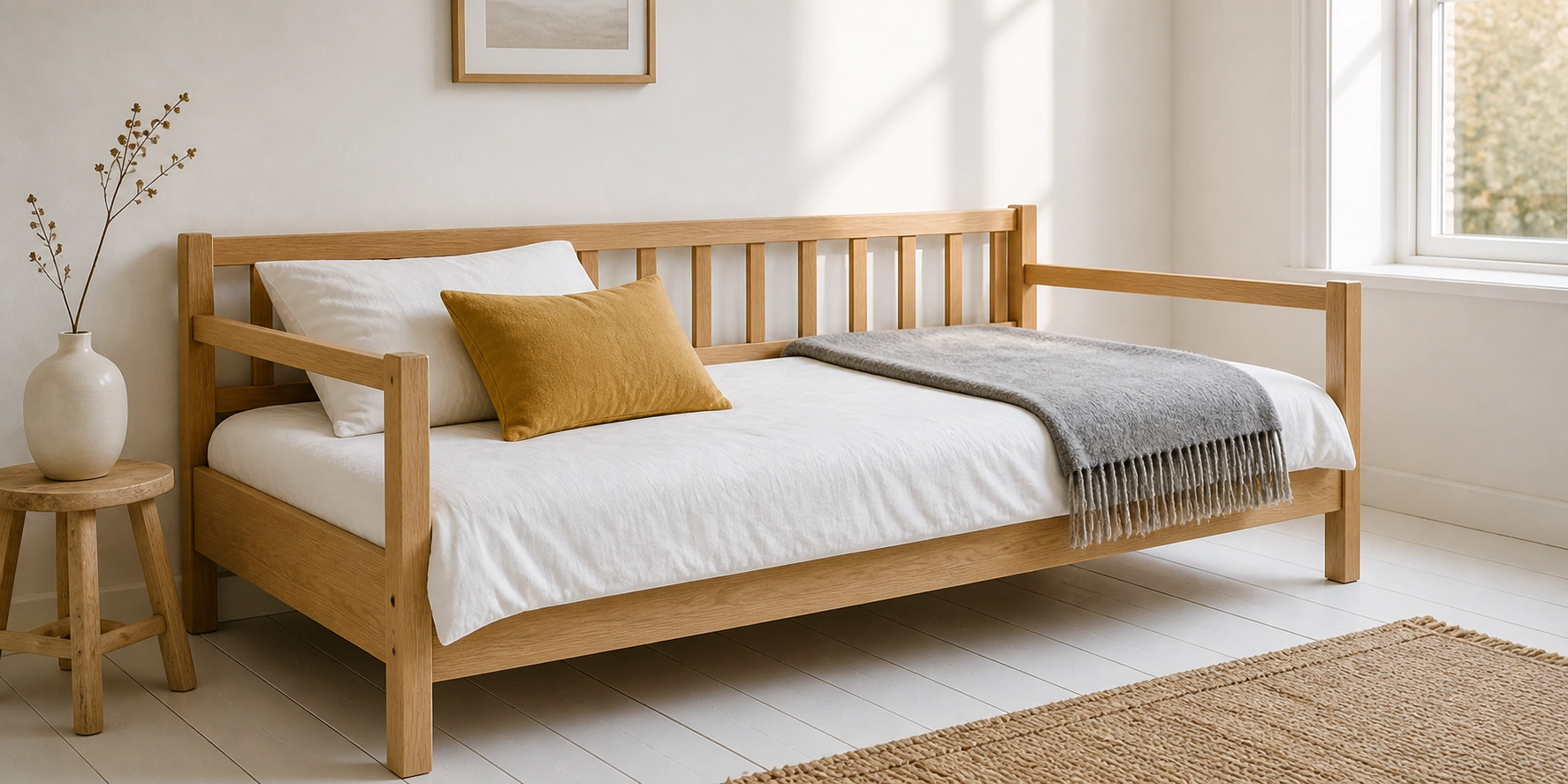 Solid wood daybed with clean lines in a Scandinavian-inspired bedroom