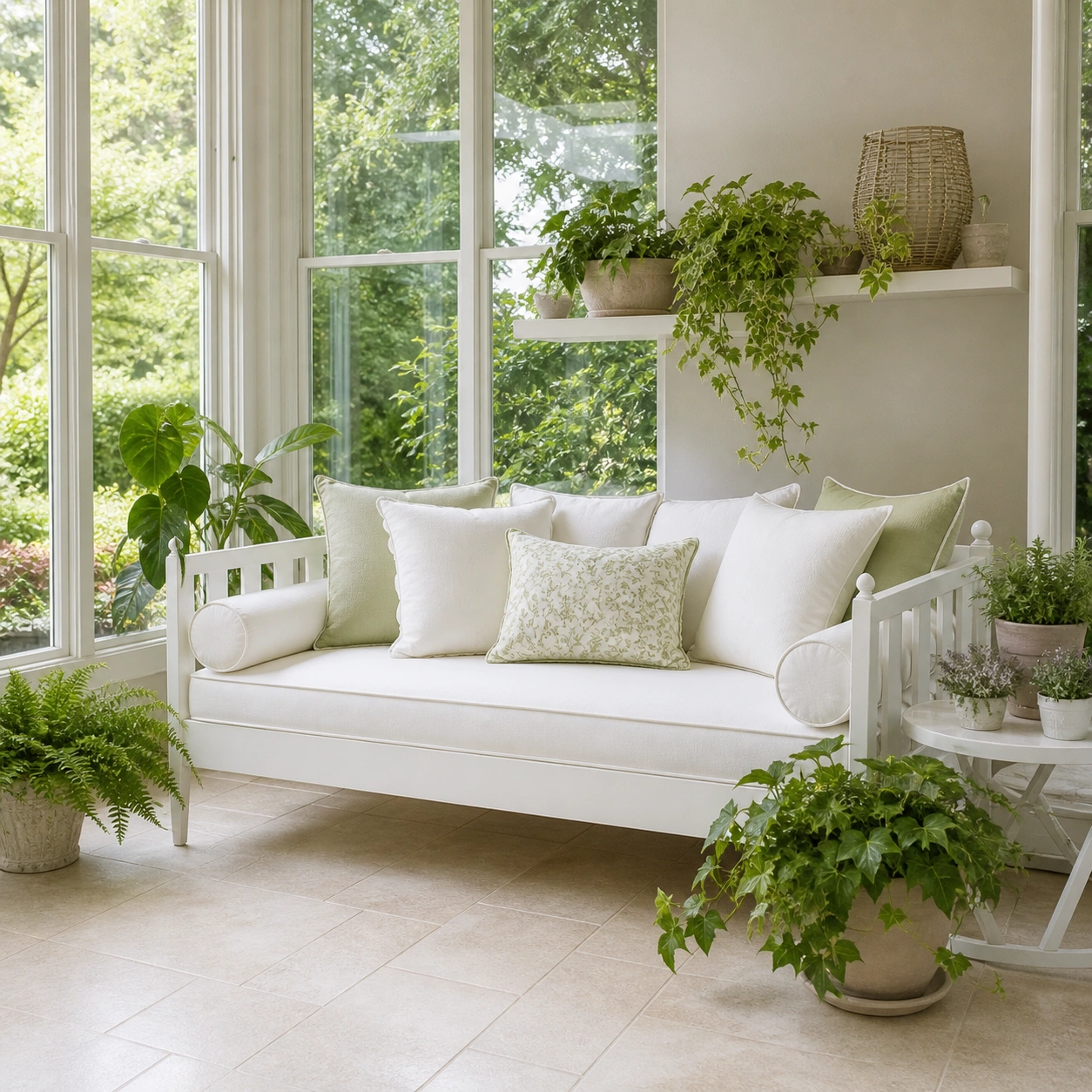 Daybed with white cushions in a bright sunroom with plants