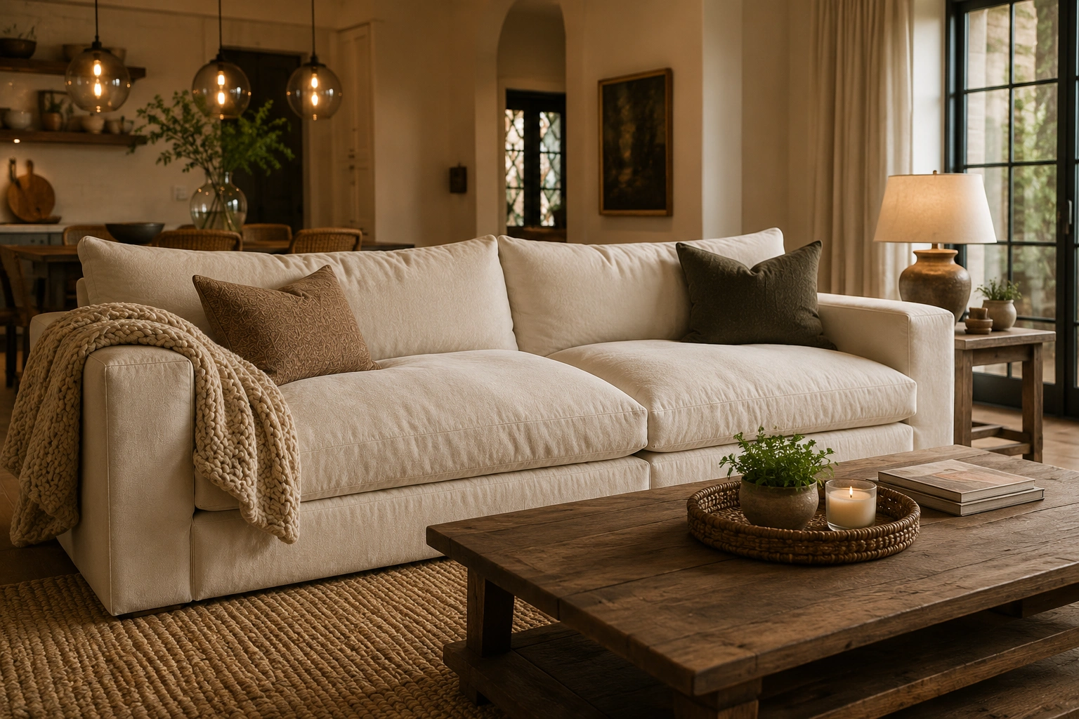 Deep seat sofa in a cozy living room with relaxed lounging posture
