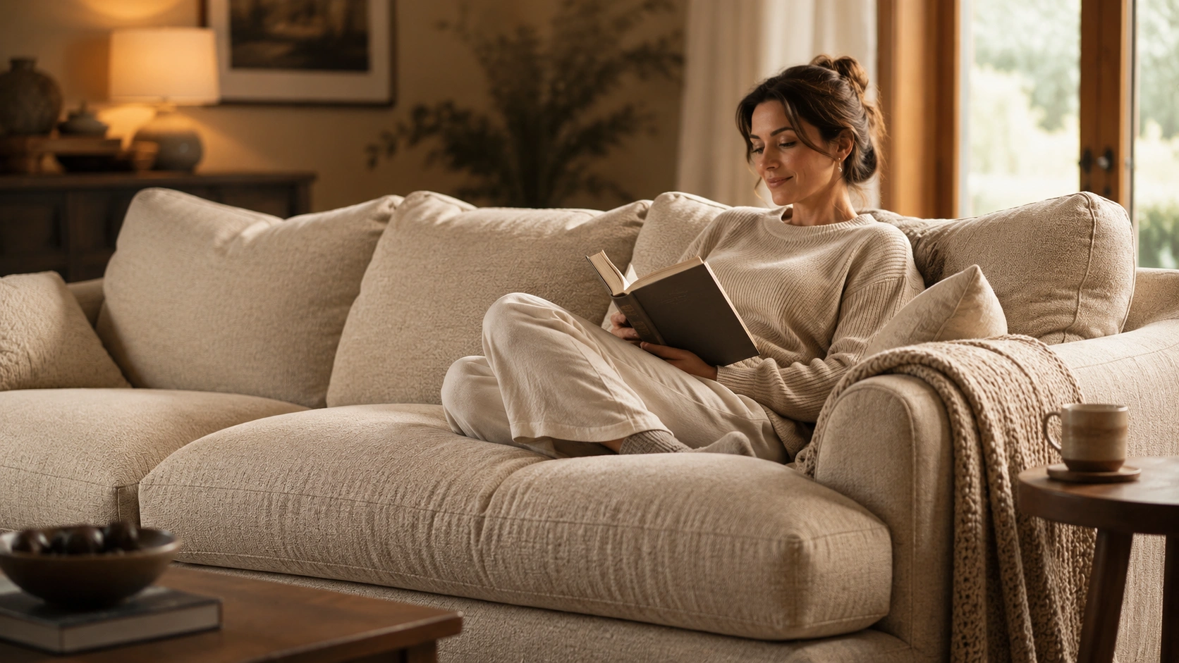 Deep seat sofa showing relaxed lounging posture with legs tucked under