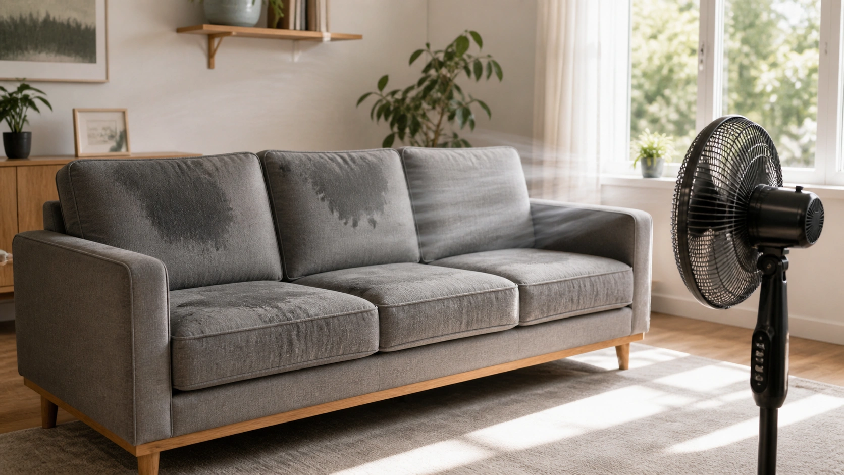 Using a fan to properly dry a deep cleaned sofa