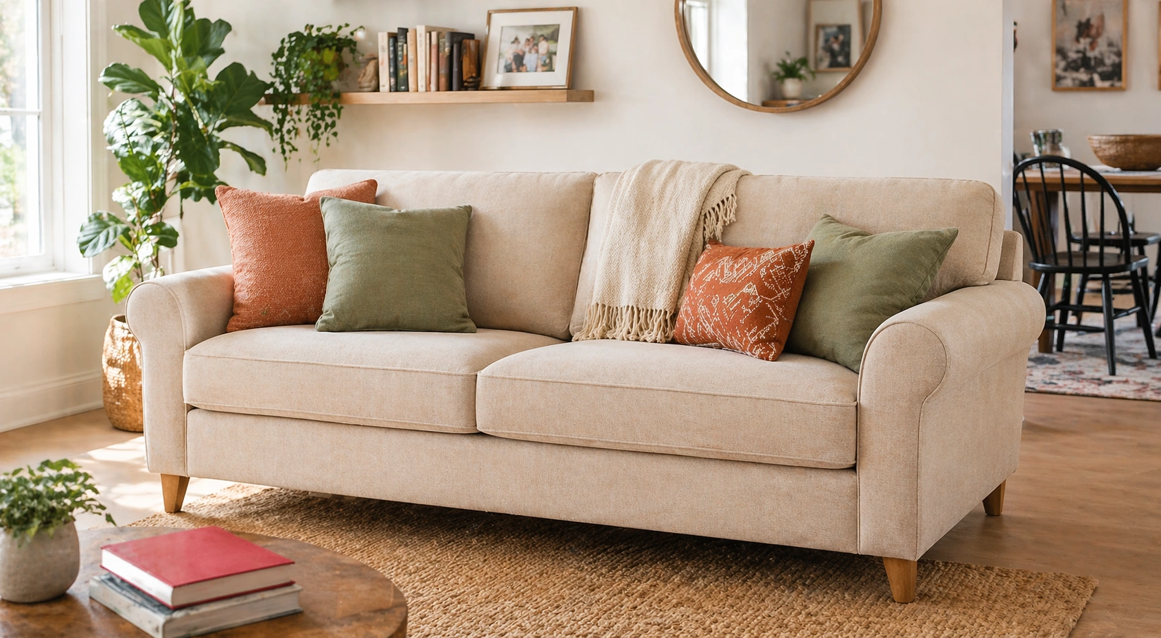 Cozy fabric sofa in a bright family living room