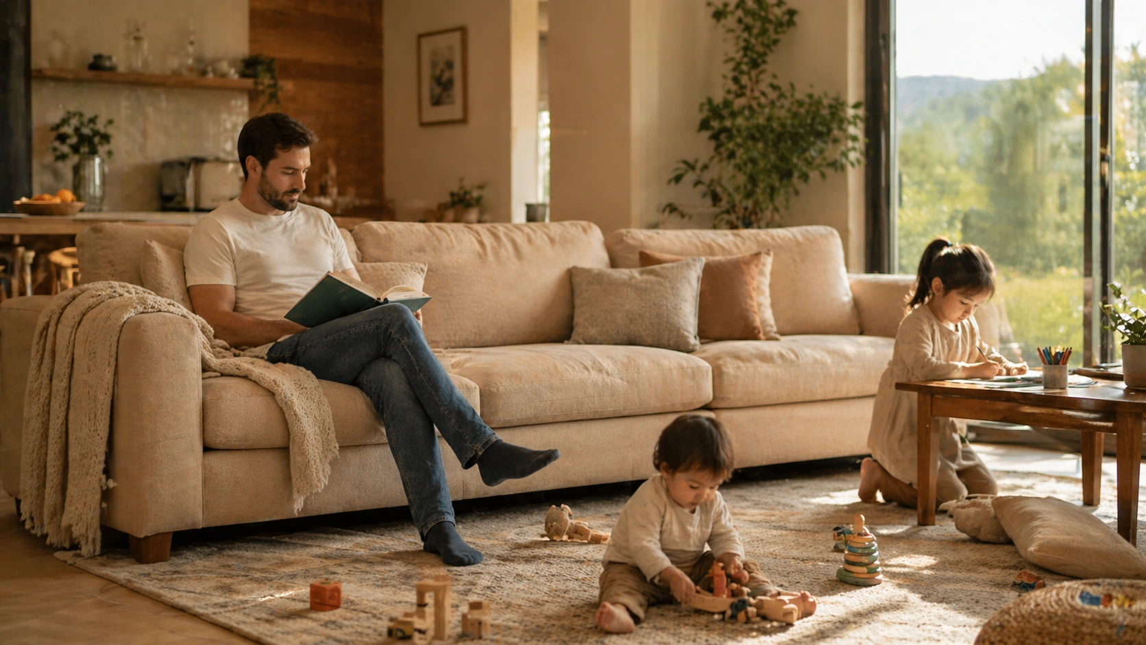 Family with kids relaxing on a durable sofa in the living room