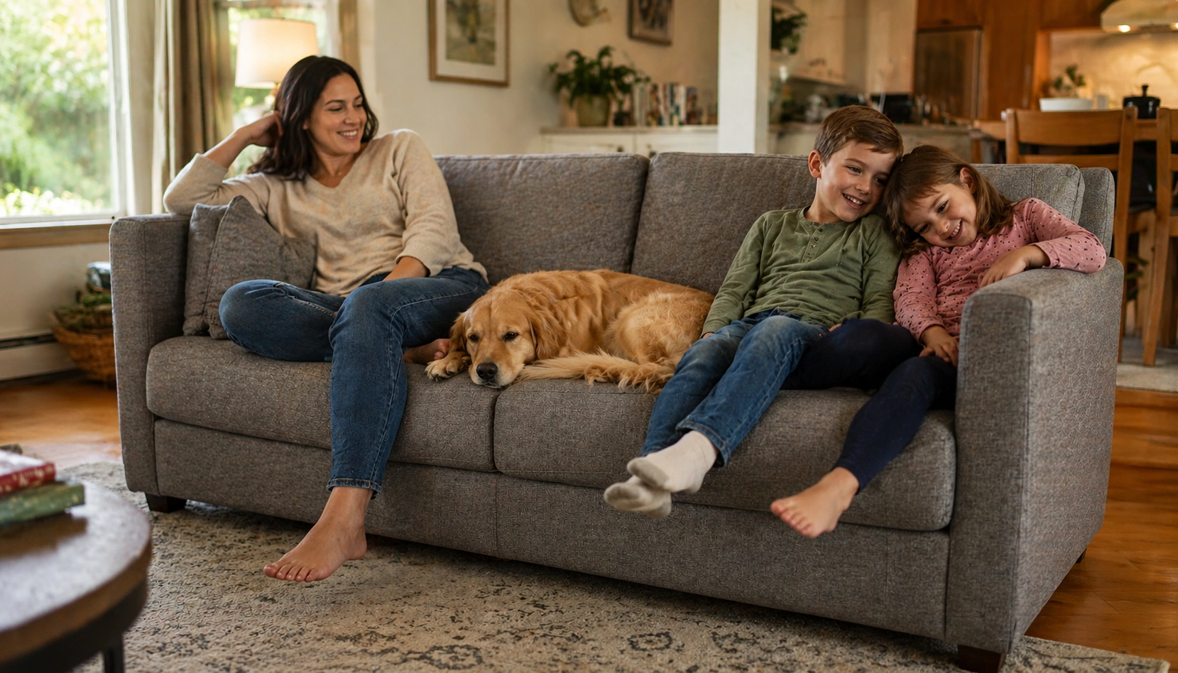 Family sitting on durable fabric sofa in living room with kids and dog