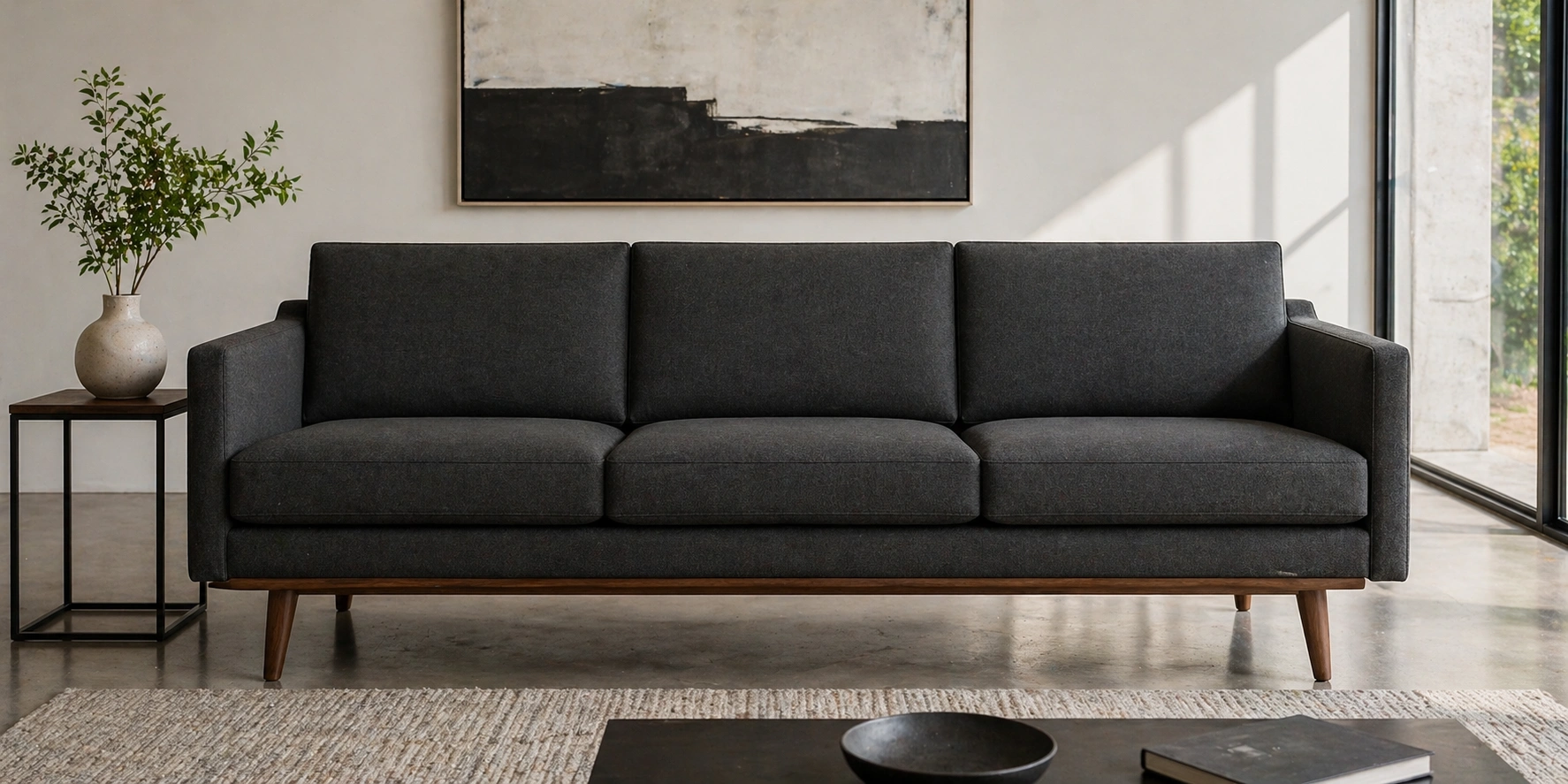 Example of a firm sofa with structured cushions in a modern living room