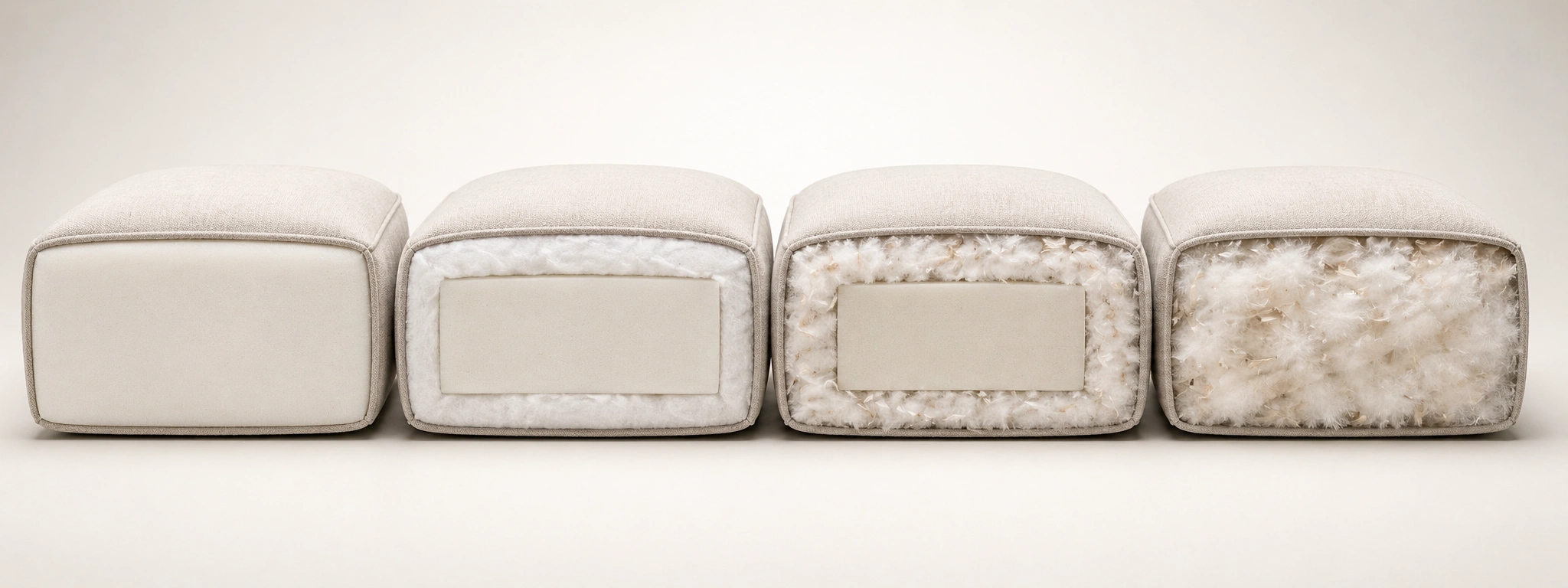 Cross section diagram showing different cushion fill materials from firm foam to plush down