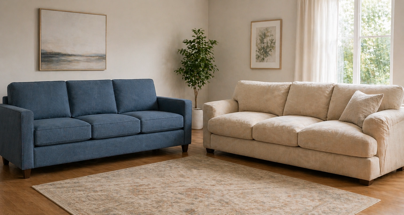 Side by side view of a firm structured sofa and a plush soft sofa