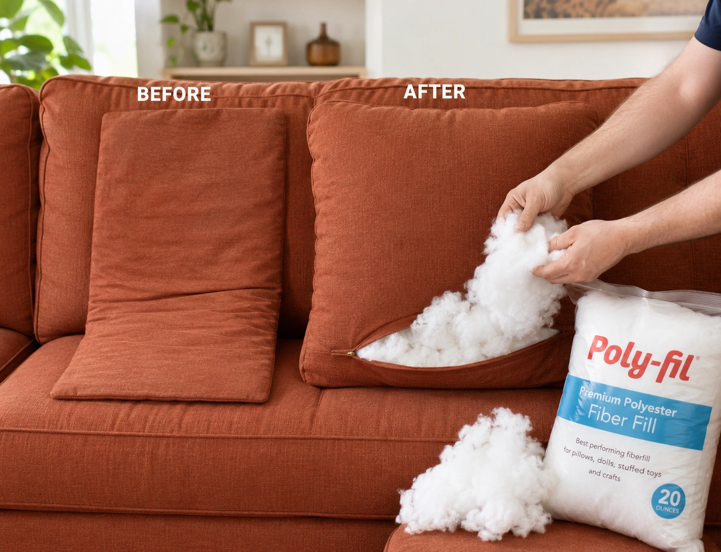Flat back cushions being refluffed and restuffed with new polyester fiber fill