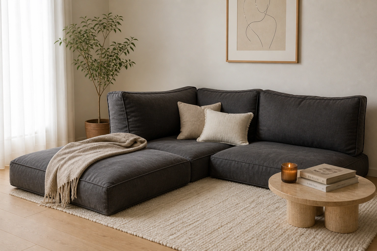 Floor sofa set up in a minimalist living room with low table