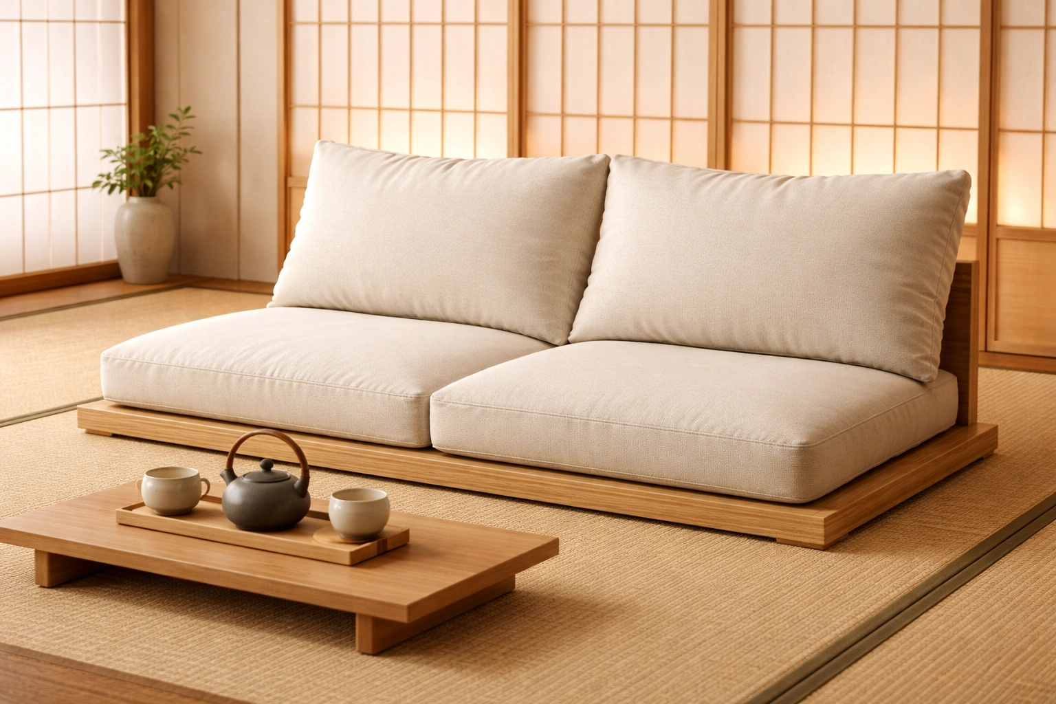 Tatami-style floor sofa with wooden base on tatami mat