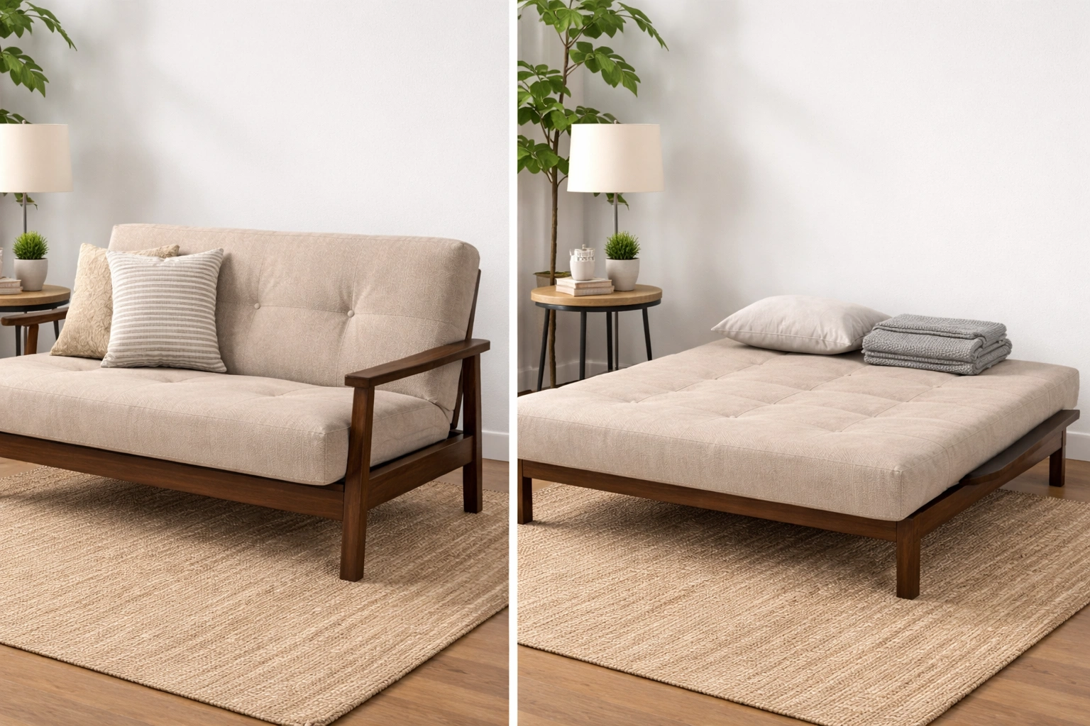 Futon sofa converting from couch to bed position