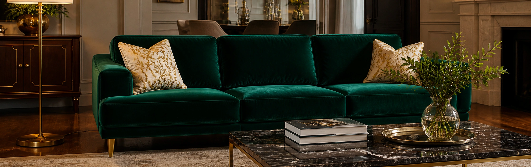 Luxurious emerald green velvet sofa with gold legs in an elegant living room