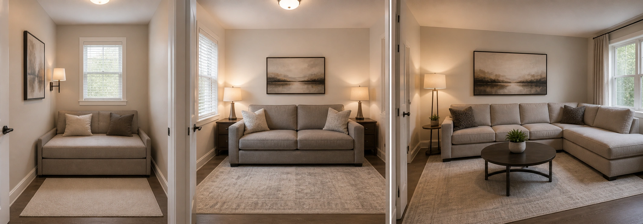 Diagram showing sofa size recommendations for different guest room dimensions