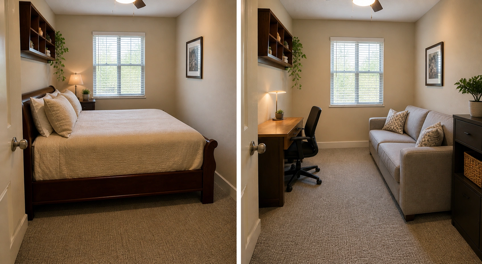 Side by side comparison of a guest room with sofa versus a standard bed setup