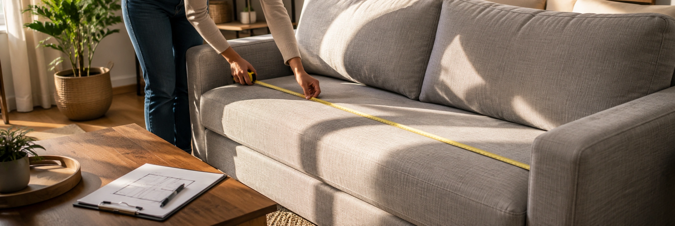 Person measuring a sofa in a living room with tape measure and notepad