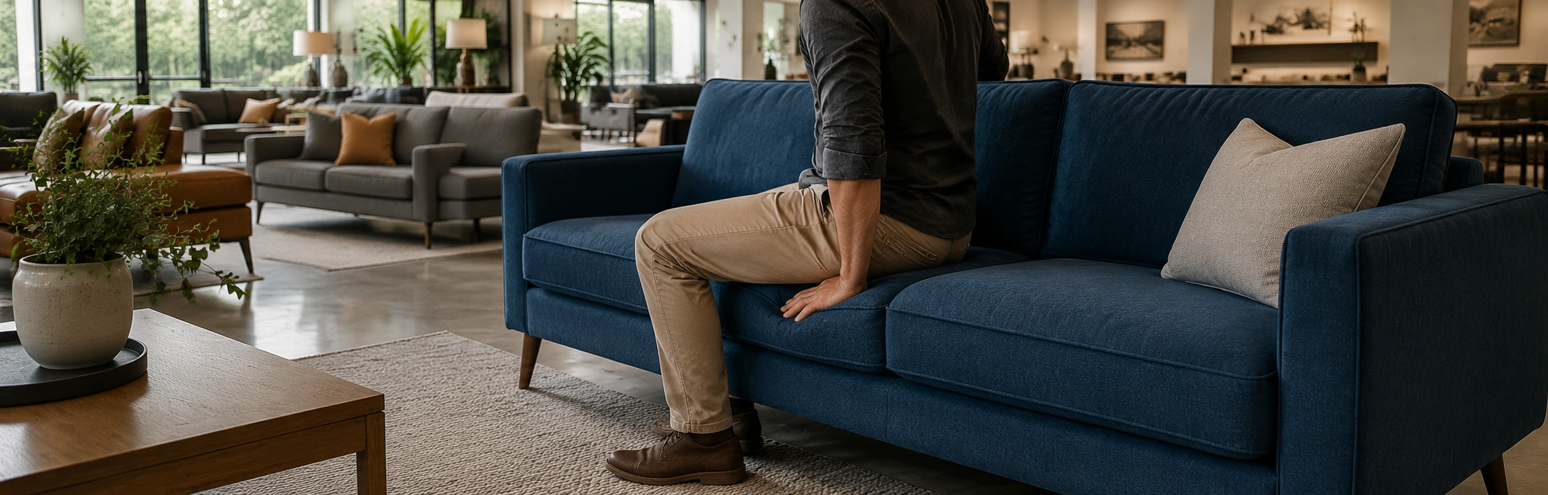 Customer testing sofa comfort by sitting and pressing cushions inside a furniture showroom