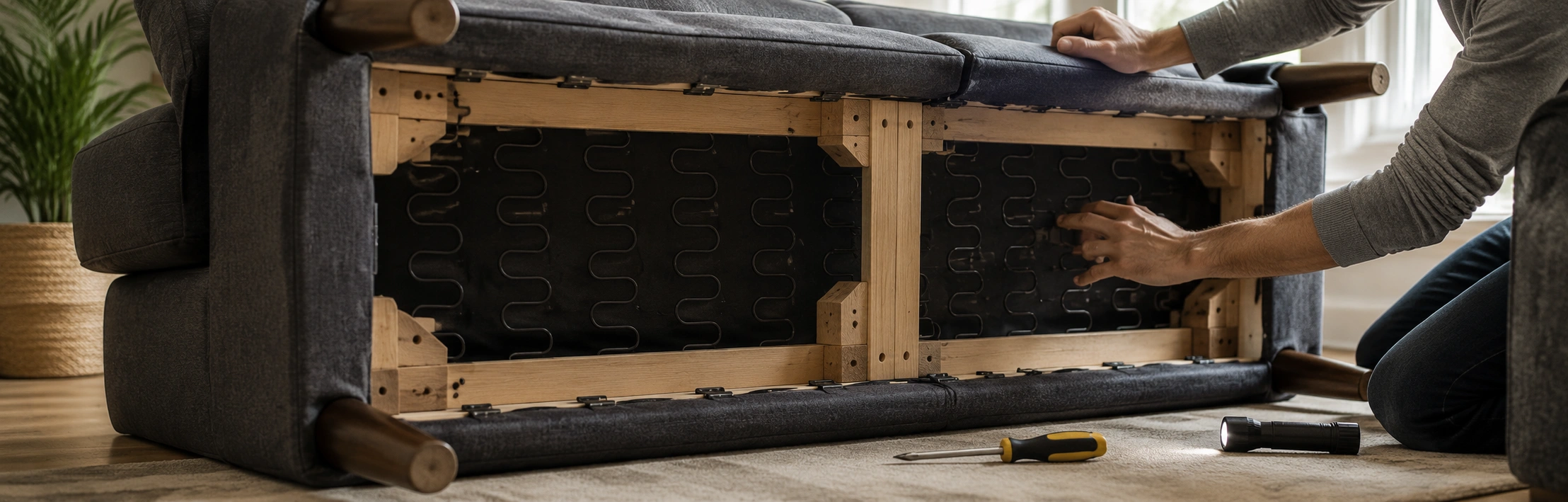 Hands inspecting underneath a sofa frame checking for loose springs and structural issues