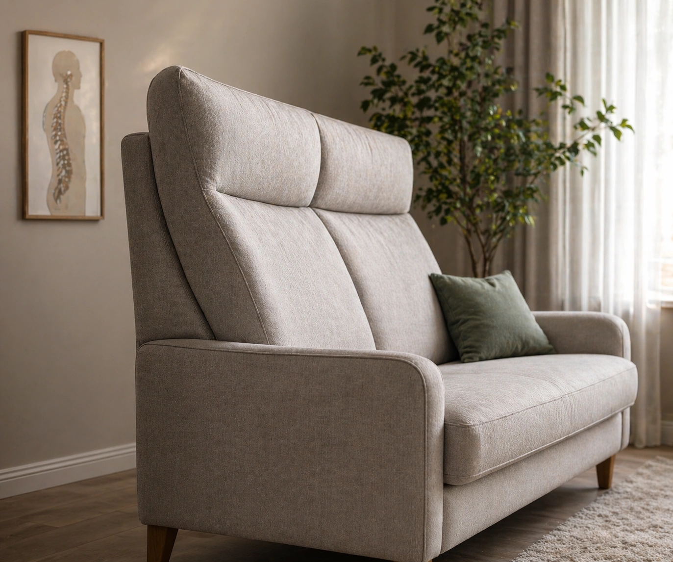 Person with back pain finding relief on high back sofa