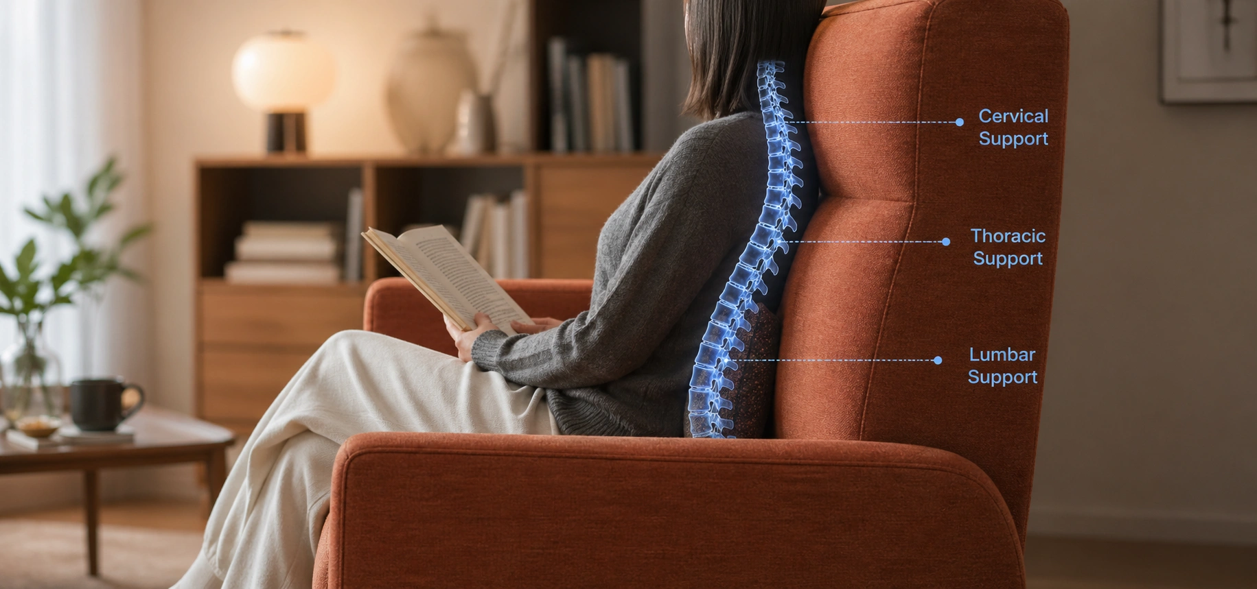 High back sofa providing full spine support from lumbar to upper back