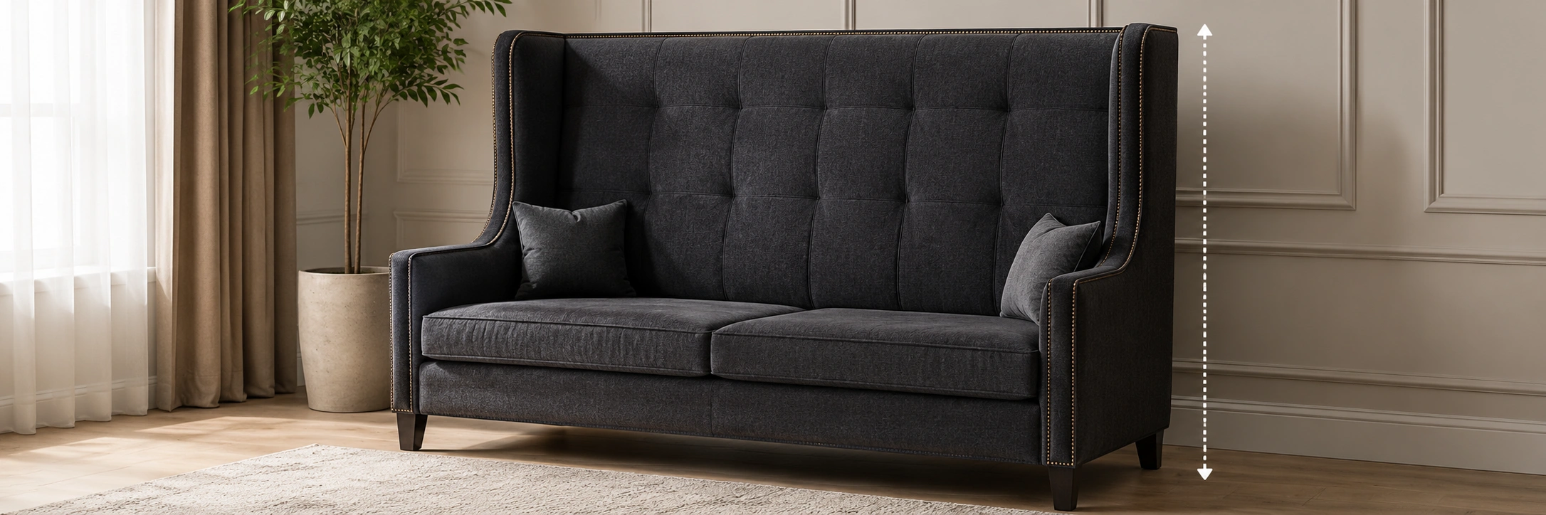 High back sofa with tall backrest providing neck and head support