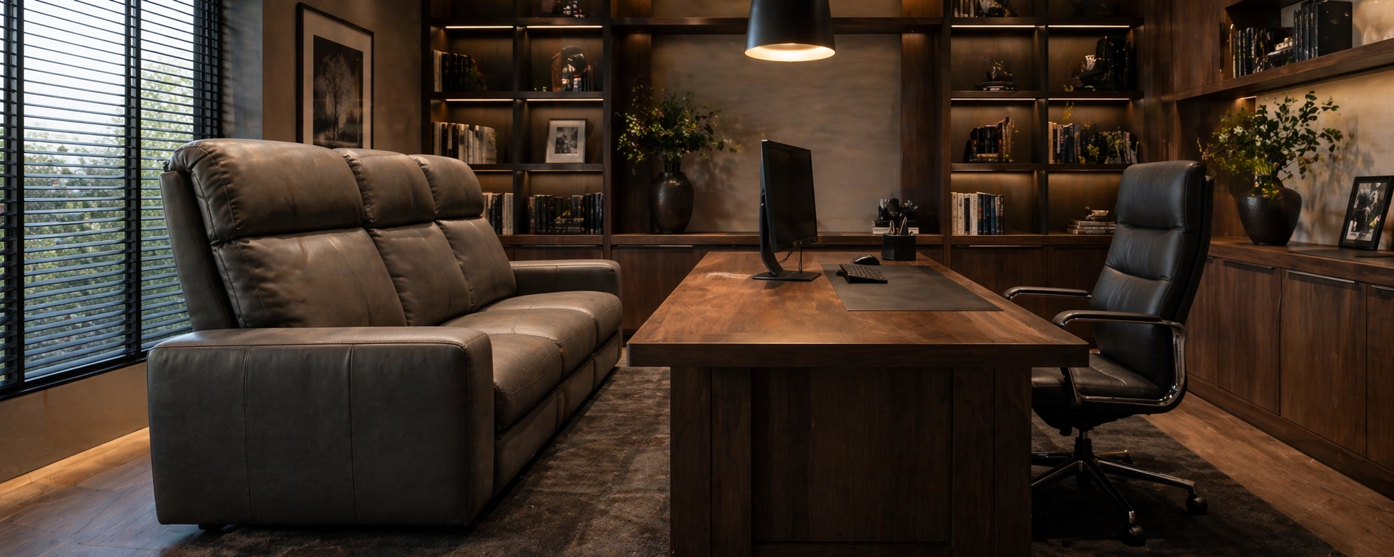 High back sofa positioned in a home office for client meetings