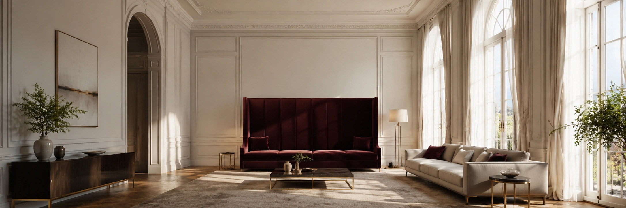High back sofa placed in a spacious living room with high ceilings creating a balanced proportion