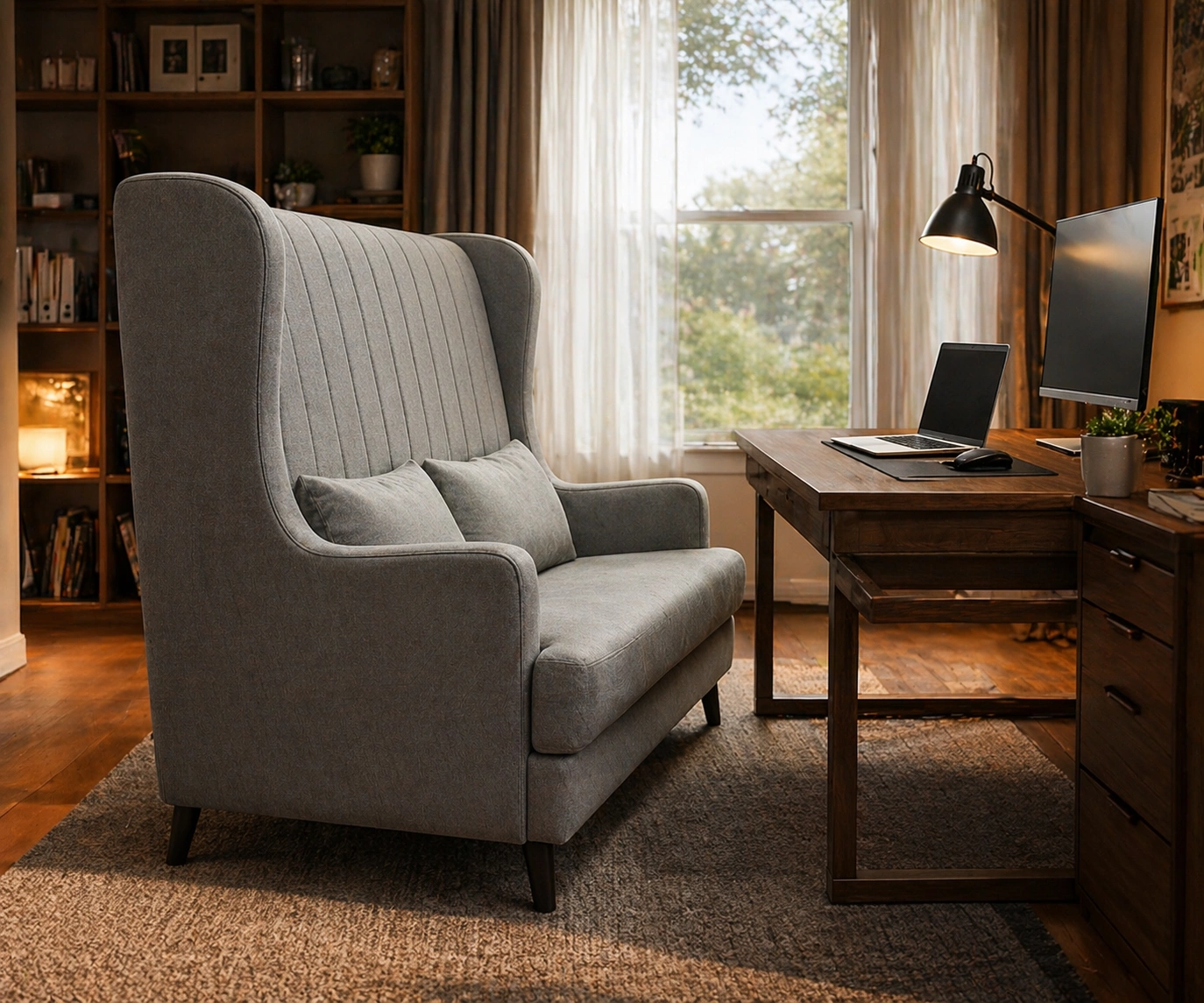 High back sofa in a home office setting