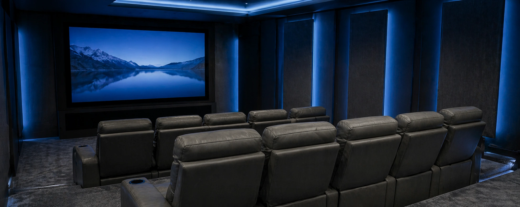 High back reclining sofa in a dedicated home theater room