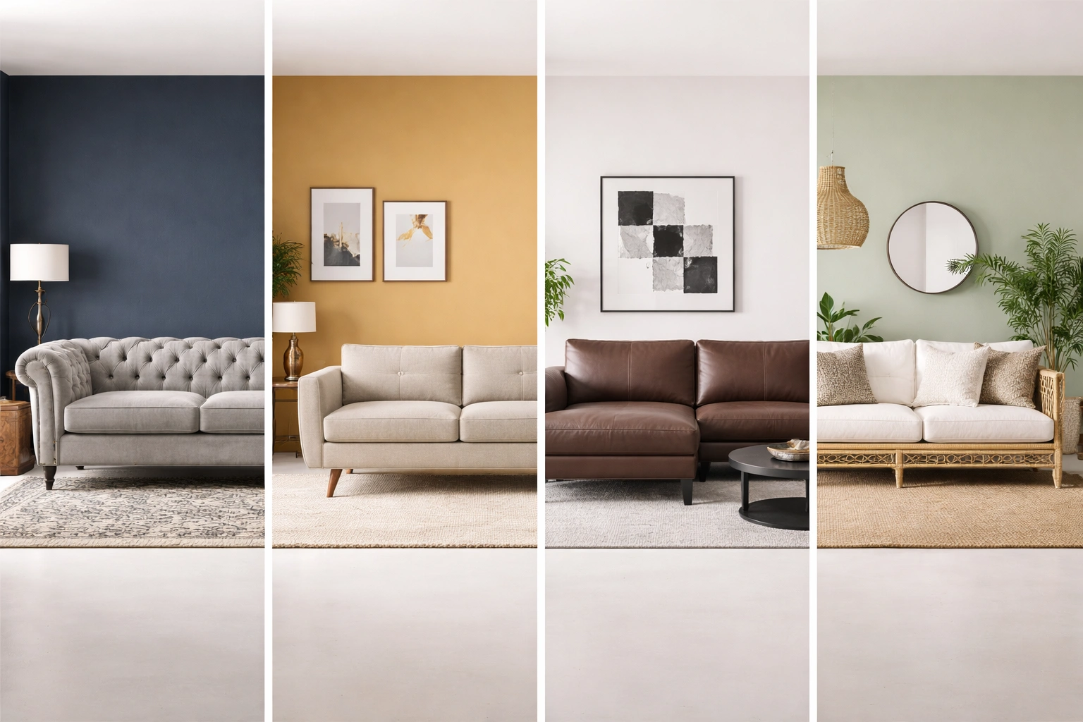 Stylish sofas in different interior design styles