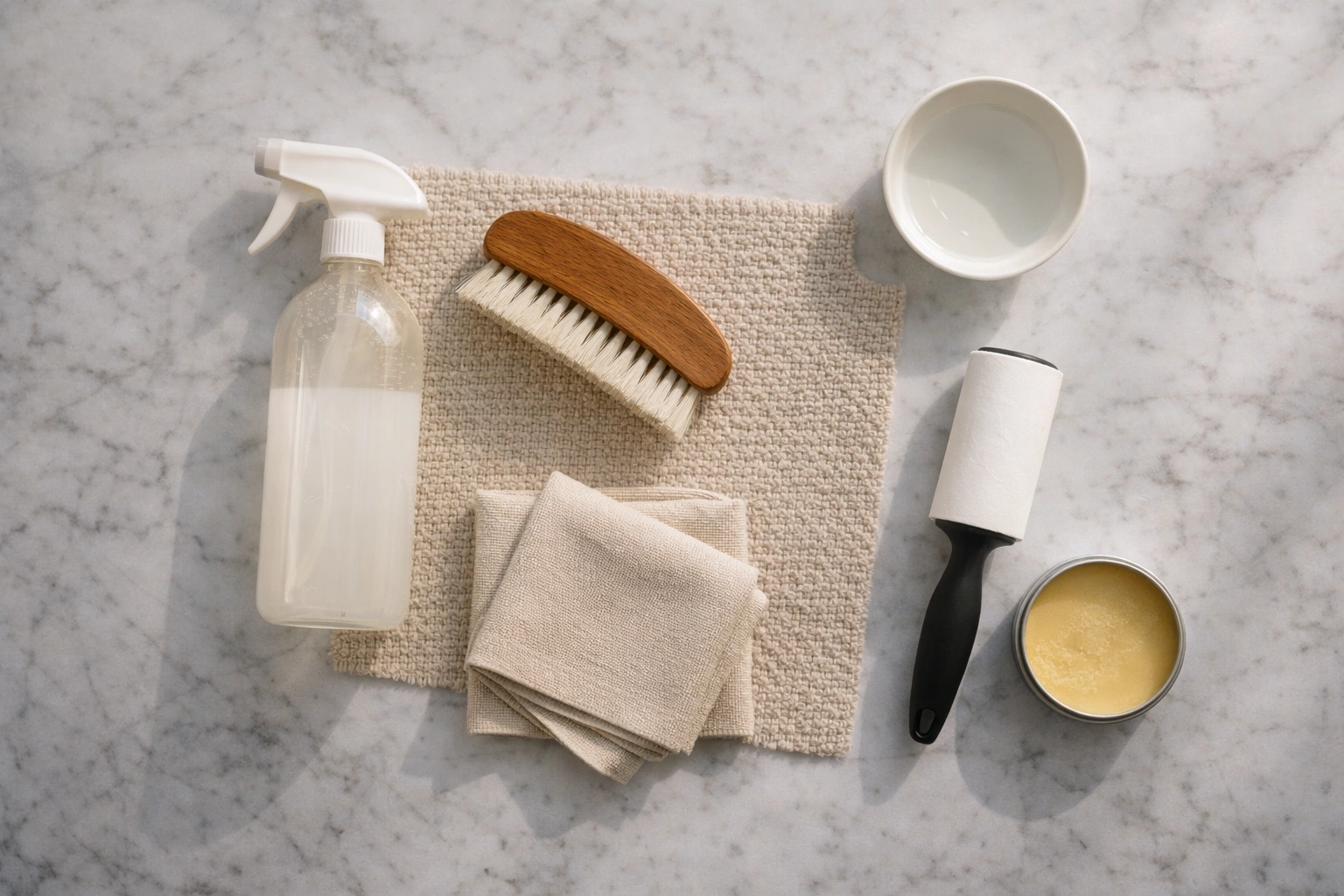 Cleaning supplies and tools arranged for sofa maintenance