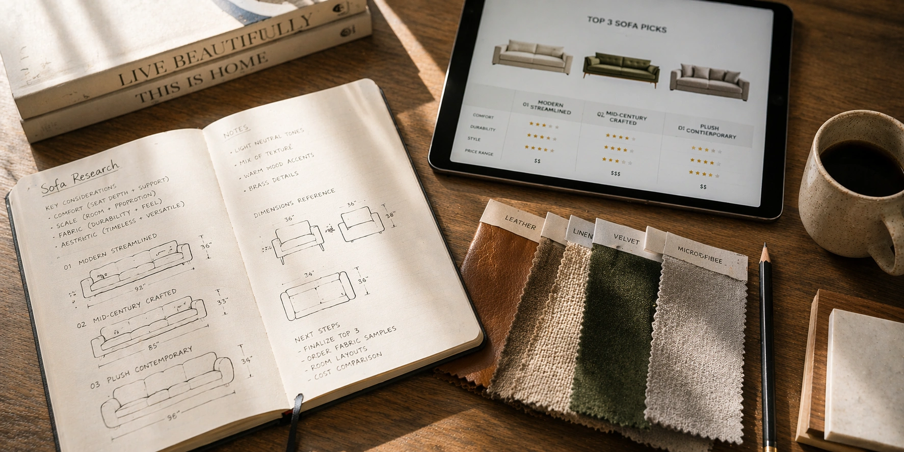 Open notebook and sofa material samples for research